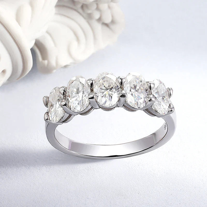 4*6mm Oval Cut Full Moissanite Ring for Women 5 Stone Lab Diamond Half Eternity Band Luxury Jewelry 925 Sterling Silver