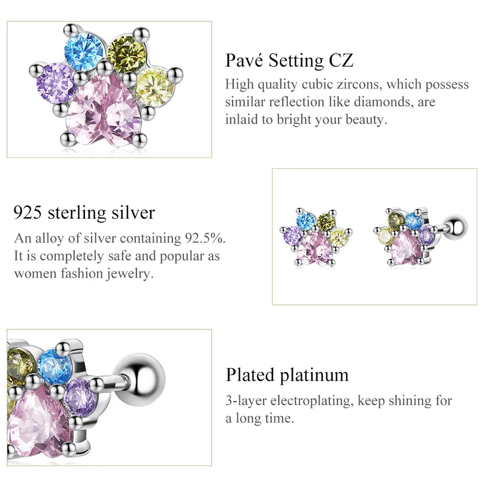 925 Sterling Silver Animals Cute Paws Rainbow Stud Earrings For Women Heart Oval Flower Zircon Crab Ear Studs Jewelry Gift