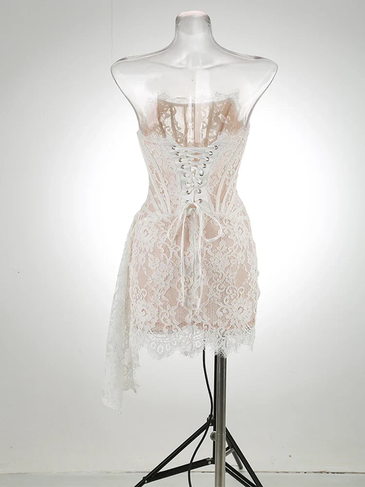 VC Christmas Dress For Women Red Lace Sexy Strapless Sleeveless Slim Supper Short Dress With Lace-Up