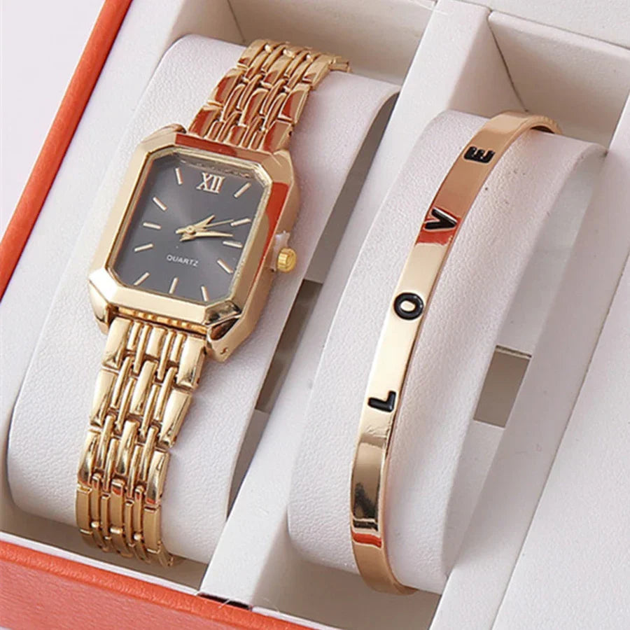 Luxury Women's Quartz Watch Set Fashion Alloy Band Business Ladies Watches Square Quality Gold Plated Folding Female Clock