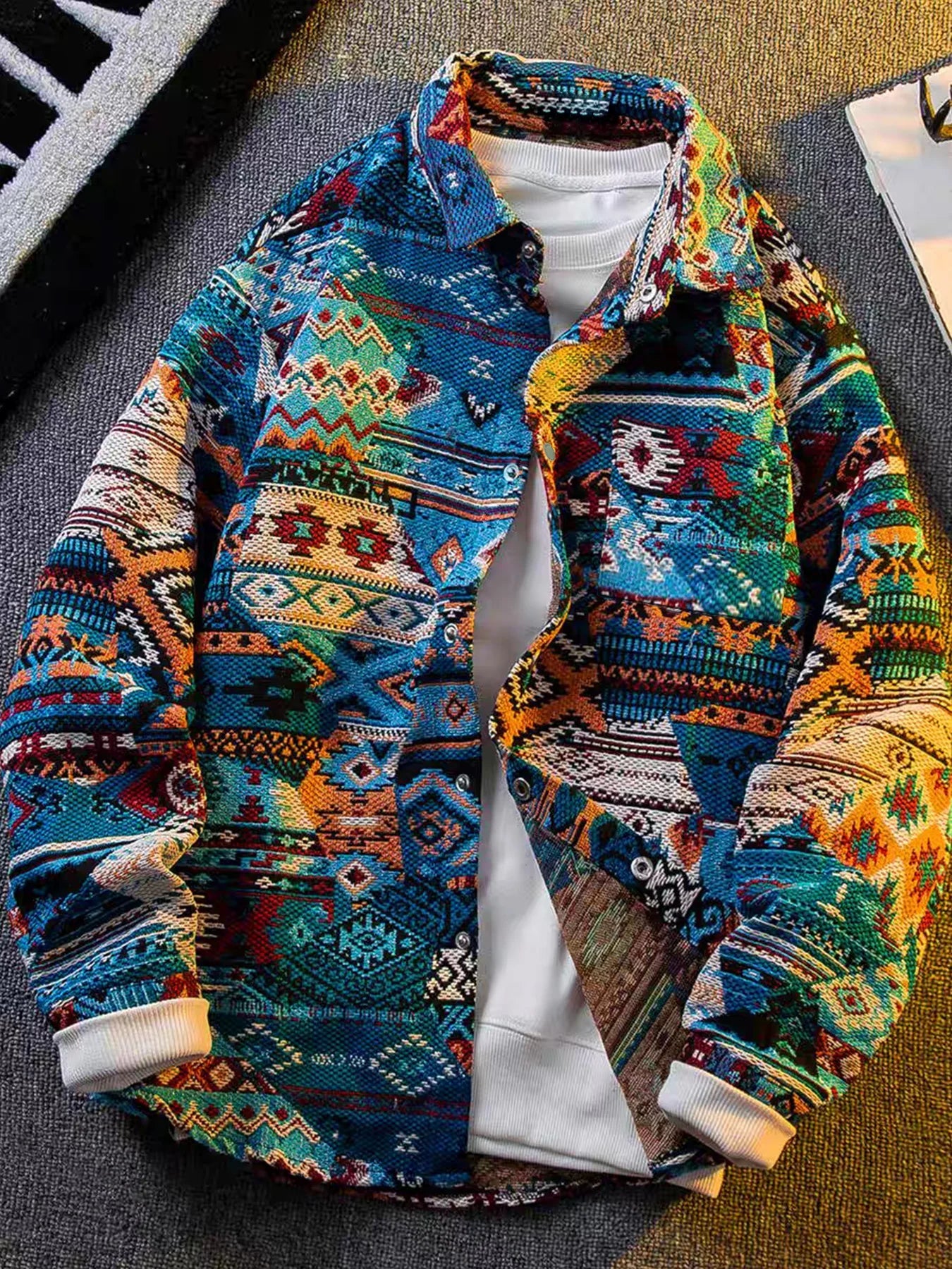 Spring and autumn new ethnic style printed long-sleeve jacket for men, high-end stylish trendy jacket