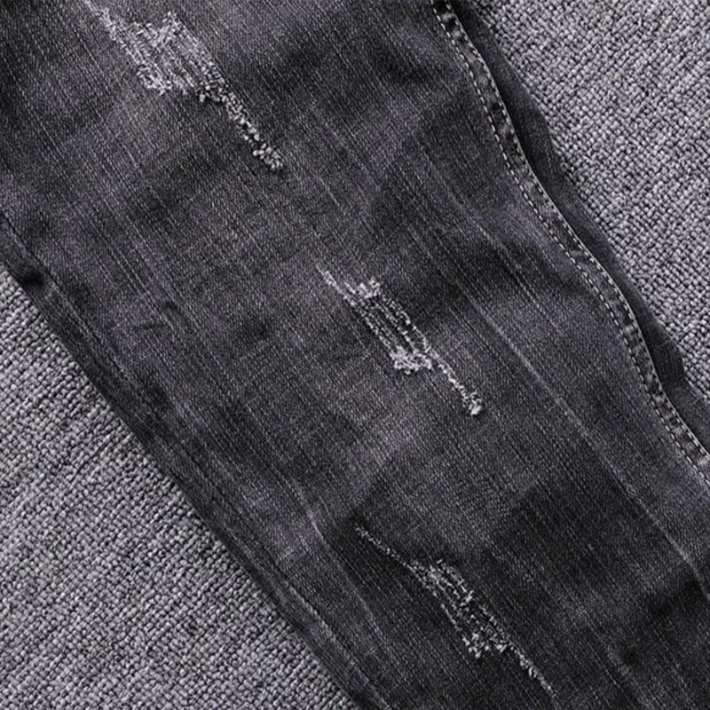 Men Jeans Retro Black Gray Elastic Slim Ripped Jeans