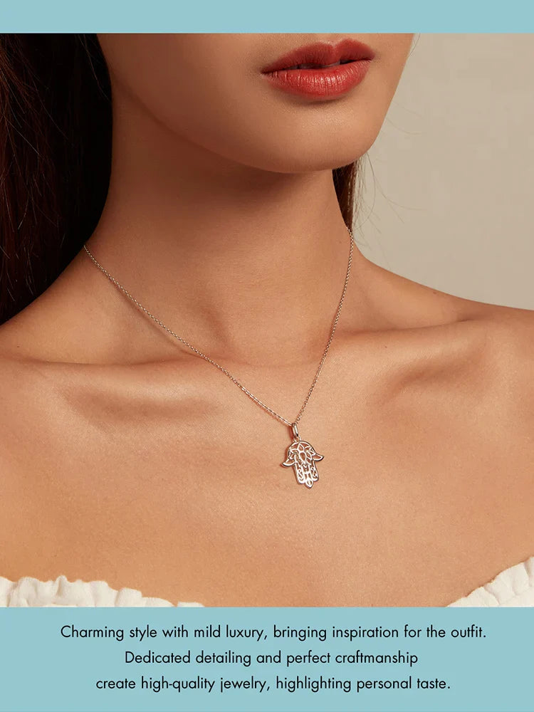 925 Sterling Silver Guardian Fatima's Hand Pendant Necklace Flower Pattern Neck Chian for Women Platinum Plated SCN490