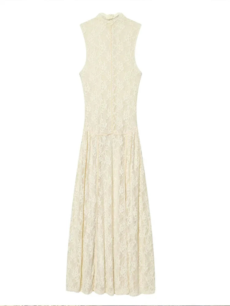 HH Women's Spring Summer Stylish Off‑White High Neck Lace Sleeveless Dress Female Elegant Temperament Zipper Long Party Dress