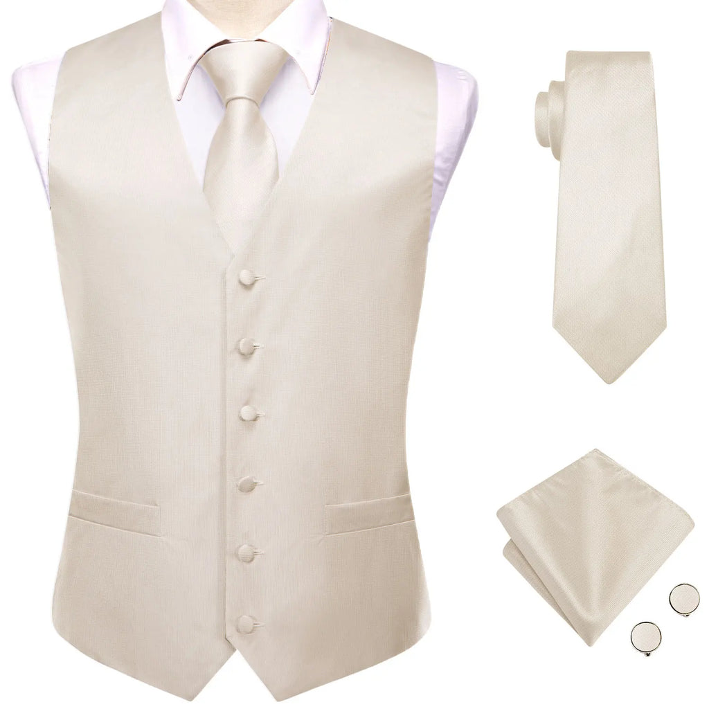 Fashion Silk Vest For Men Classic Gold Champane Yellow Waistcoat Jacket Tie Hankerchief Cufflinks Sets Dress Suit Wedding Hi-Tie