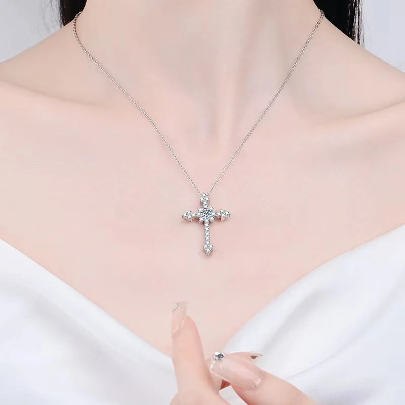 Real 1 Carat Moissanite Cross Pendant Necklace For Women 100% 925 Sterling Silver D Color Diamond Necklaces Fine Jewelry