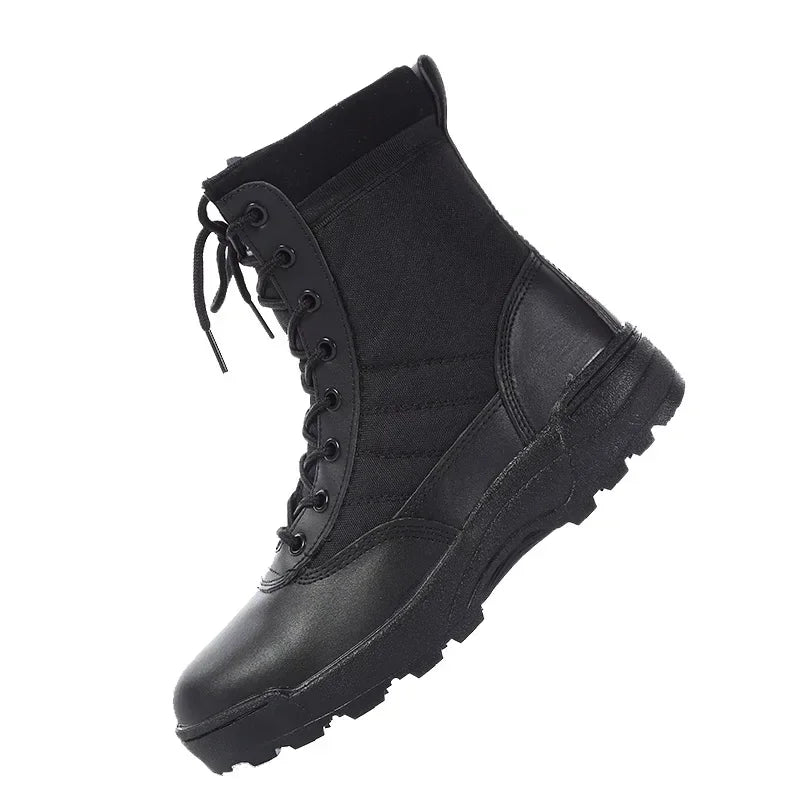 Men's Outdoor High-top Leather Boots Tactical Military Boots Black Thick-soled Shoes Lightweight and Wear-resistant Hiking Shoes