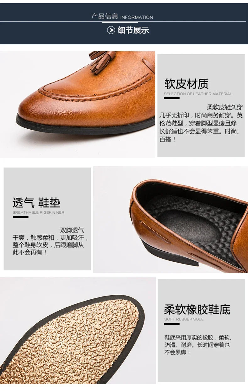 2025 New Men Leather Shoes Pointed Toe Formal Dress Shoes Slip On Men Loafer Tassel Shoe Zapatos Hombre