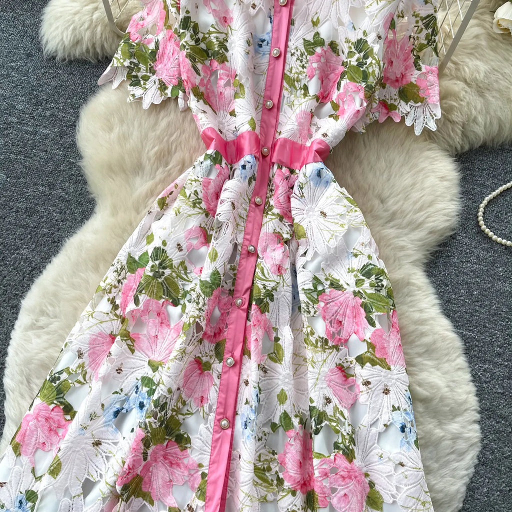 Embroidery Flower Vacation Dress French Style Blet Lapel Slim High Quality Hollow Out Ladies Elegant A-line Long Dress
