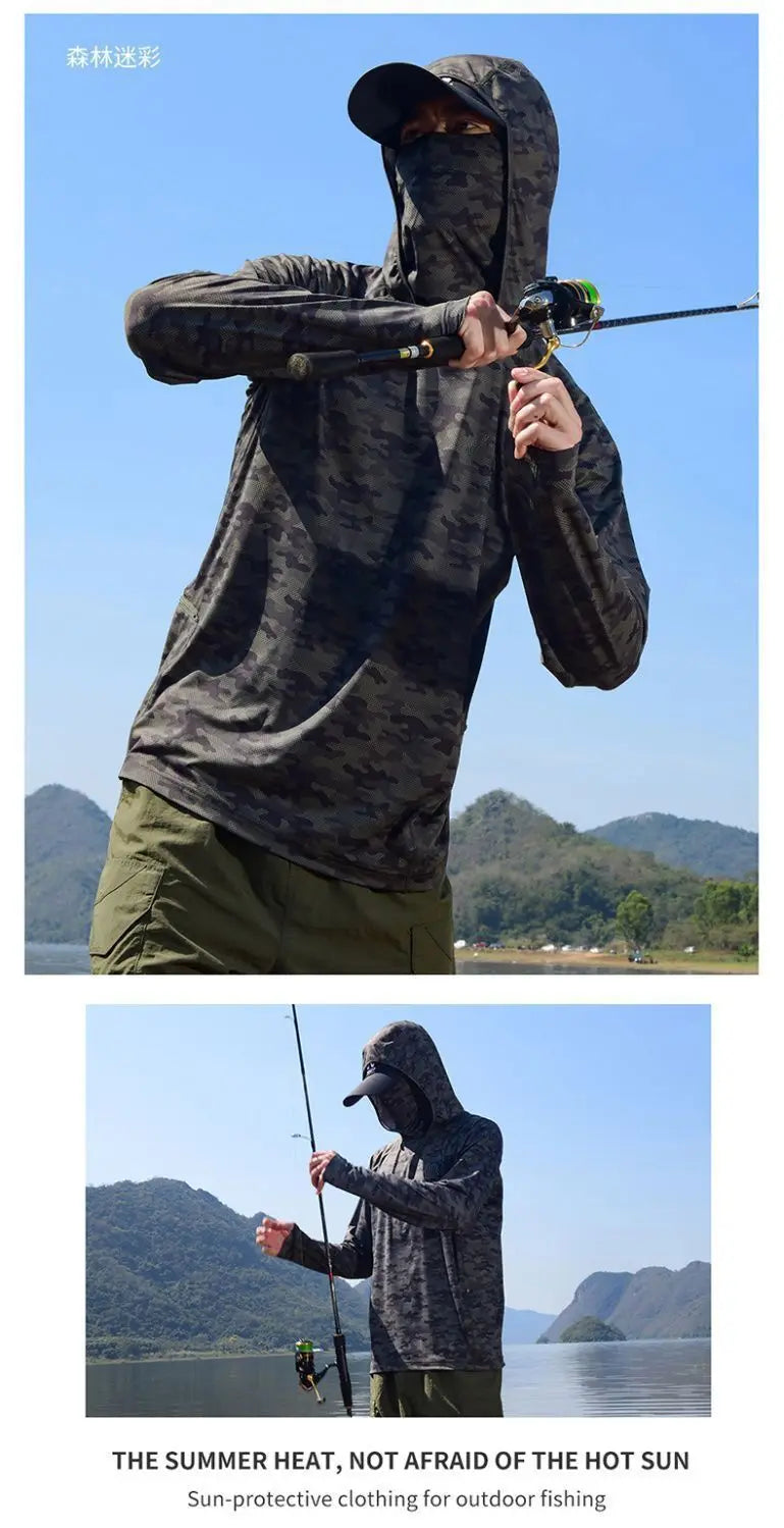 Ultra-thin Tshirts Summer Trendy Prints Lightweight UPF Sun Hoodie with Face Mask Shirt Long Sleeve Breathable UV Fishing Shirt