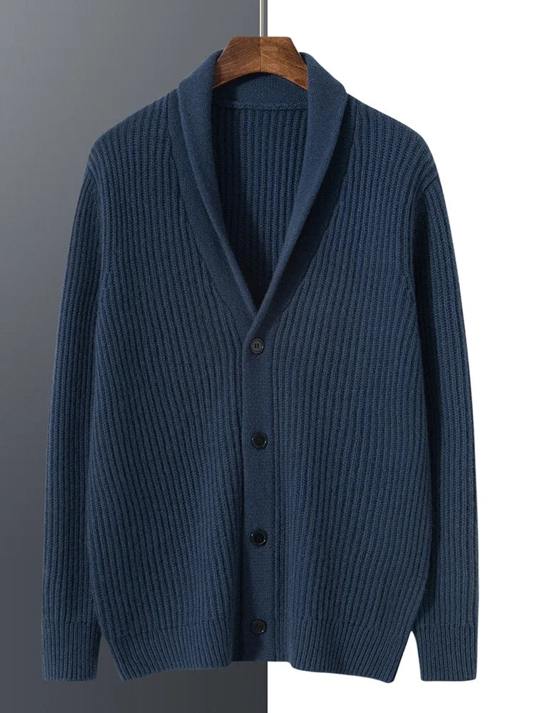 Men's Heavy Thick 100% Pure Cashmere Cardigan Olive Warm Collar High-End Sweater Coat Super Handsome