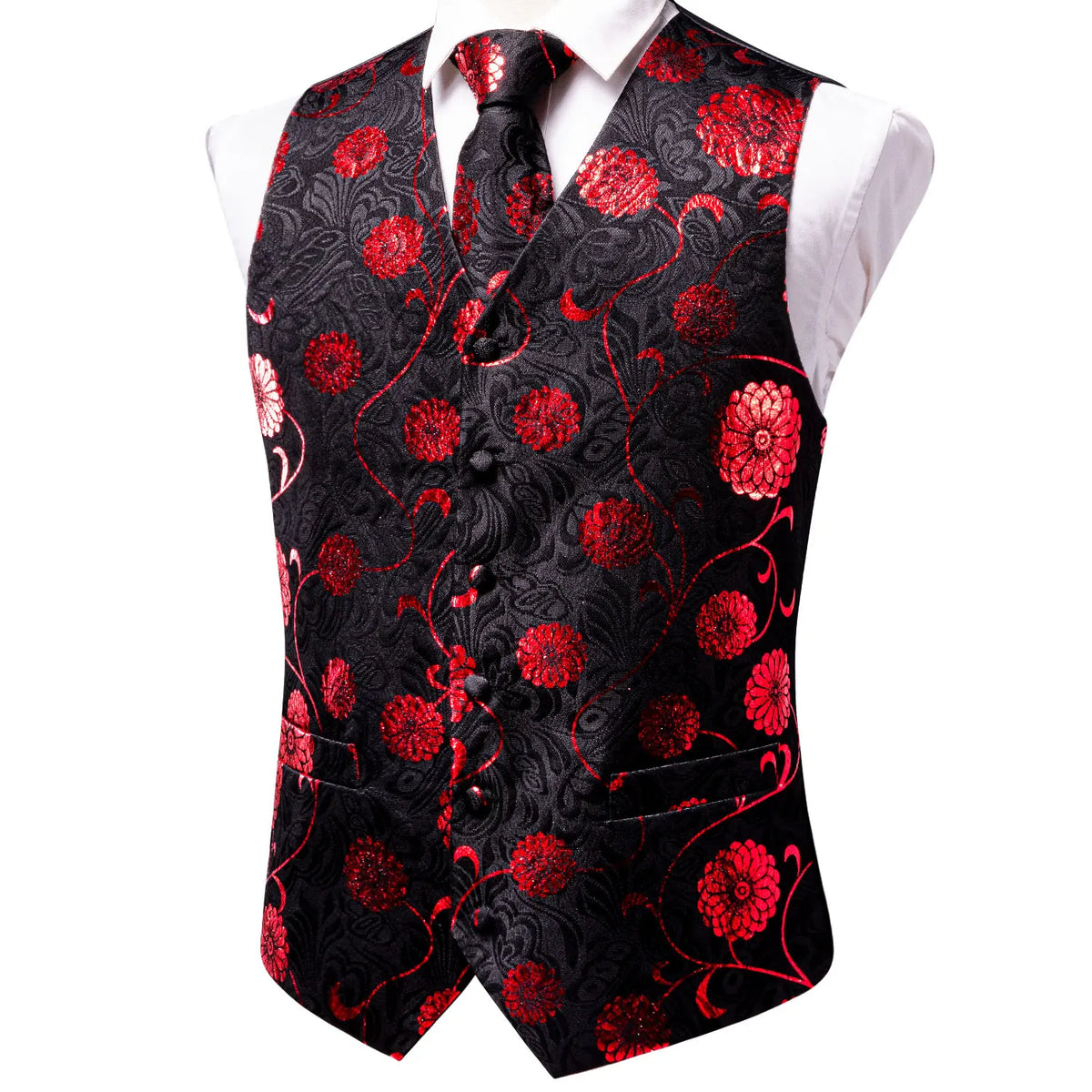 Black Red Floral Mens Vest Tie Set Jacquard Waistcoat Sleeveless Jacket Necktie Hanky Cufflinks Wedding Business XXL