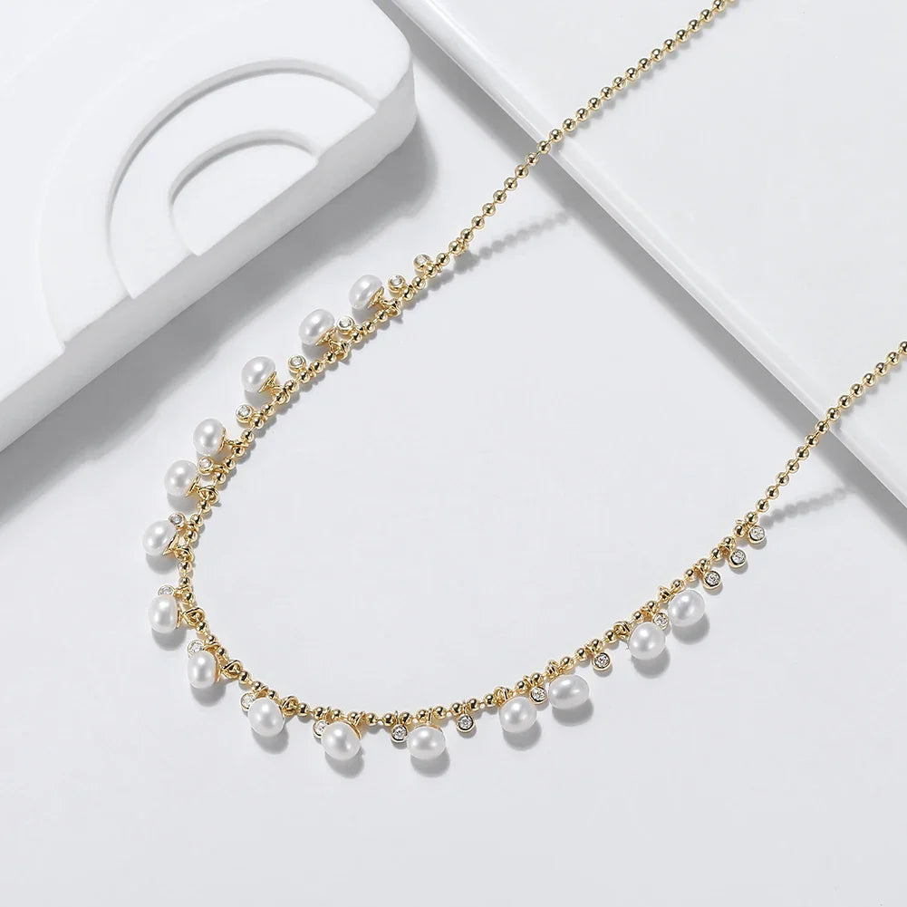 Unique 925 Sterling Silver Ball Bead Necklace with Natural Pearls Vintage Choker Neck Chain for Women Jewelry GPN37
