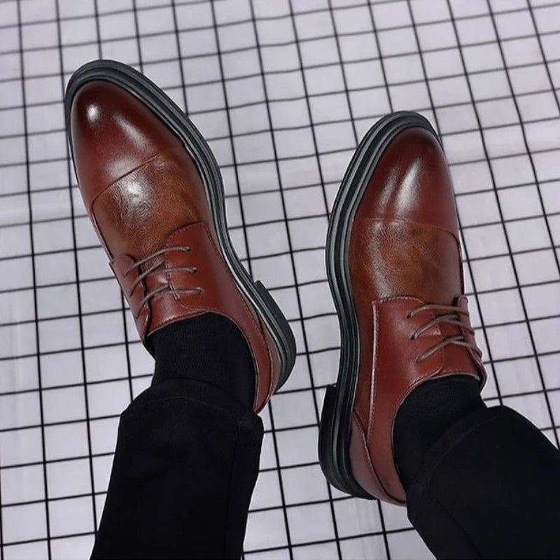 Men's Genuine Leather Oxfords Pointed Toe Lace Up Dress Shoes British Style Business Wedding Casual Footwear for Spring Autumn