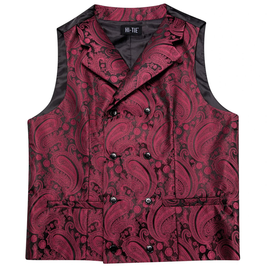 Dark Red Men's Vests Silk Paisley Jacquard Waistcoat Jacket NeckTie Hanky Cufflinks for Men Business Party Designer Gifts