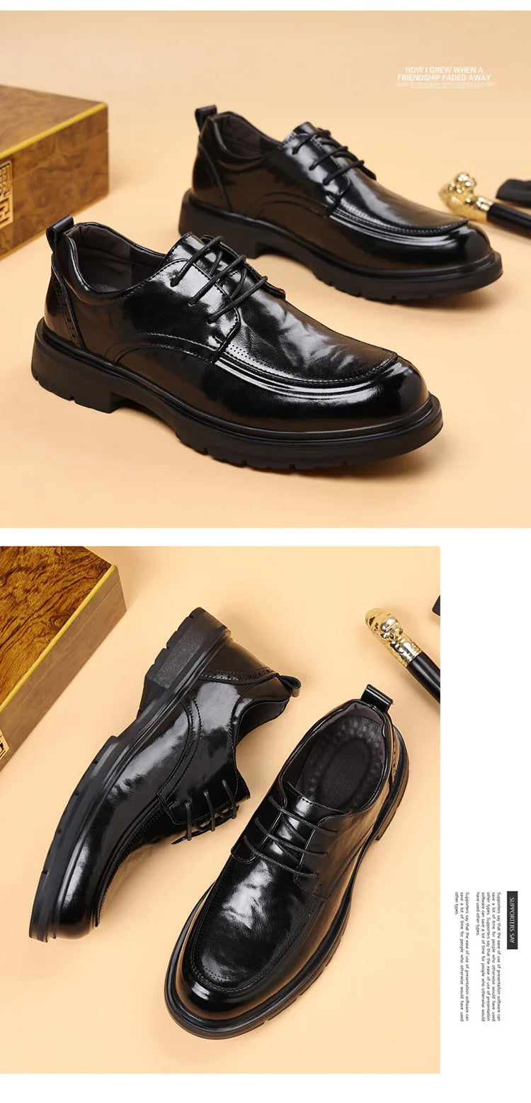 Spring Autumn Business Leather Shoes for Men Solid Color Lace Designer Big Head Dress Shoes Male Fashion Platform Casual Shoe