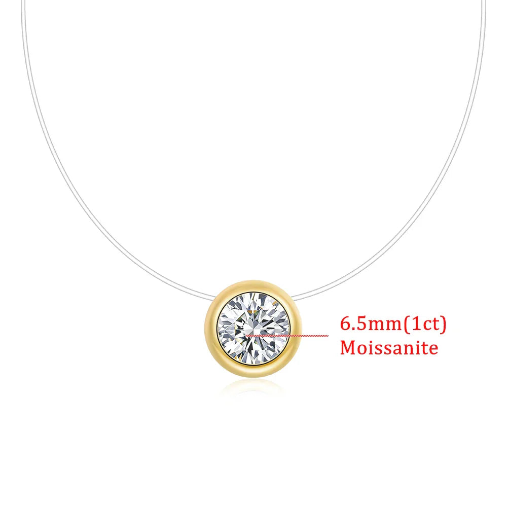 0.5/1CT Bezel Set Moissanite Pendant Necklace Women  Certified 925 Sterling Silver Transparent Fishing Line Choker Chain Jewelry