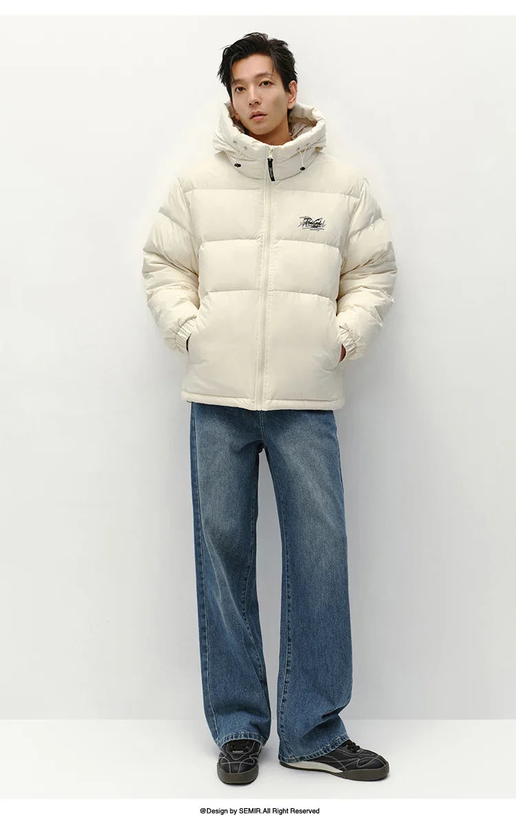 Down Jacket Men Winter 80% Down Fill Loose Hooded Outerwear Textured Street Trendy Letter Printed Top Men'S Clothing