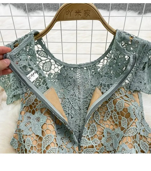 Retro Court Sle round Ne Fly Sve Slimming Soluble Hook Flower Hollow A-Line Dr Summer New Arrival Women's Faion