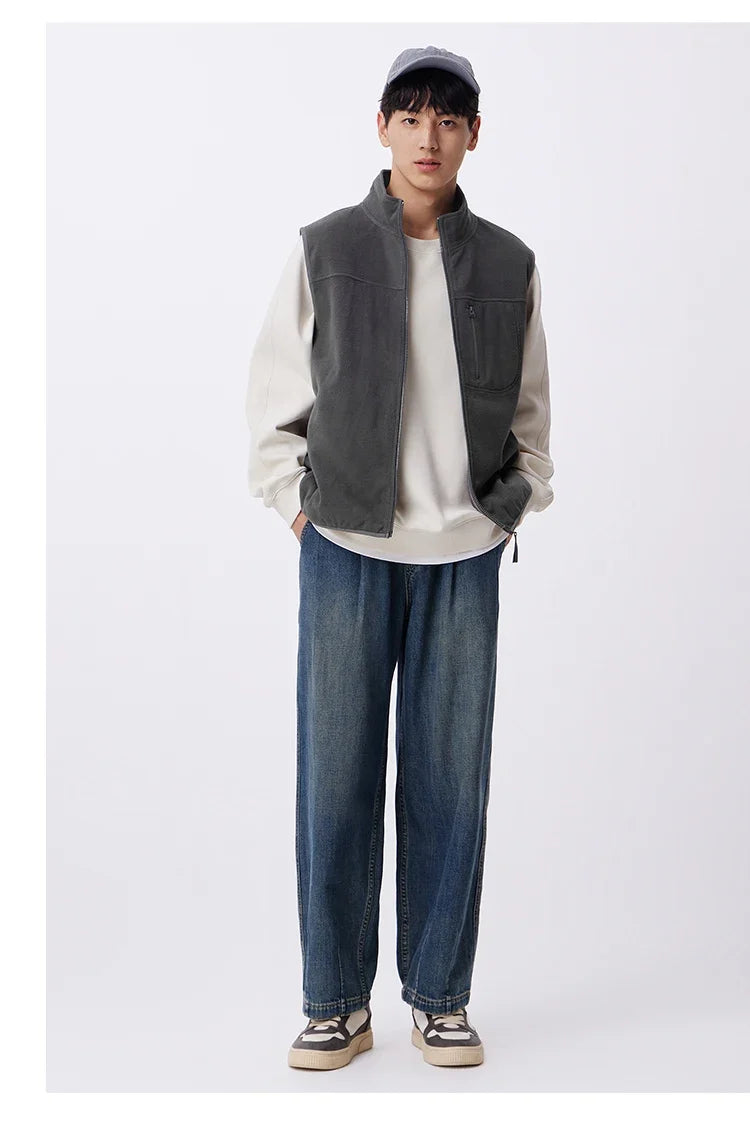 Vest Men Anti-Static Fleece Coat New Autumn 2024 Warm Collar Lining Solid Color Versatile Top