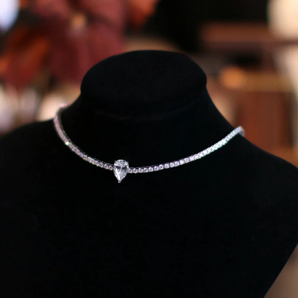 Certified Full Moissanite Riviera Tennis Necklace with Waterdrop Diamond Pendant for Women 925 Sterling Silver Adjustable Choker