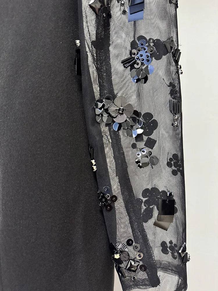 HIGH STREET Newest Fashion 2026 Designer Party Vestido Women's Spliced Mesh Diamonds Beaded Long Sleeved Maxi Long Dress