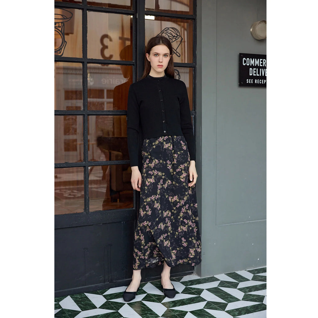 Women 2026 Autumn and Winter New Printing Satin Dress Knitting Cardigan Mock Neck Modal Shirt