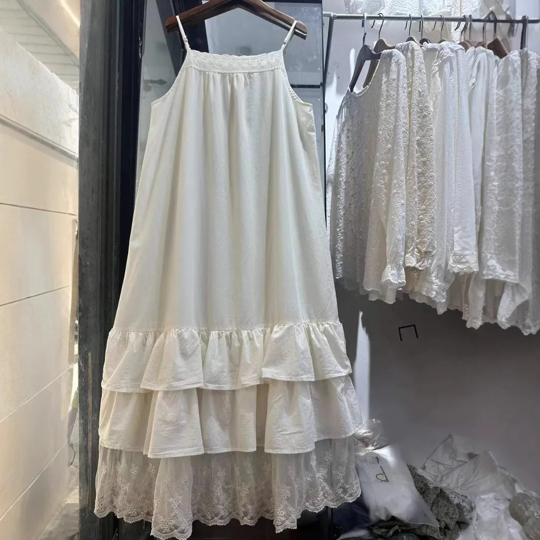 100% Cotton lace embroidery patchwork slip dress mori girl autumn summer Japan style sweet petticoat dress lolita cute clothes