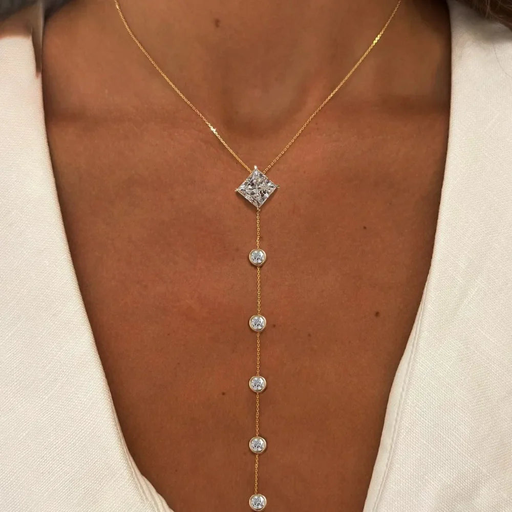 1carat Princess Cut Moissanite Lariat Necklace with Round Bubble Pendant Necklace Y-shape S925 Silver Square Neckchain for Women