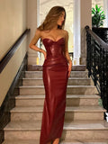 Women Burgundy Sexy Pu Leather Strapless Dress