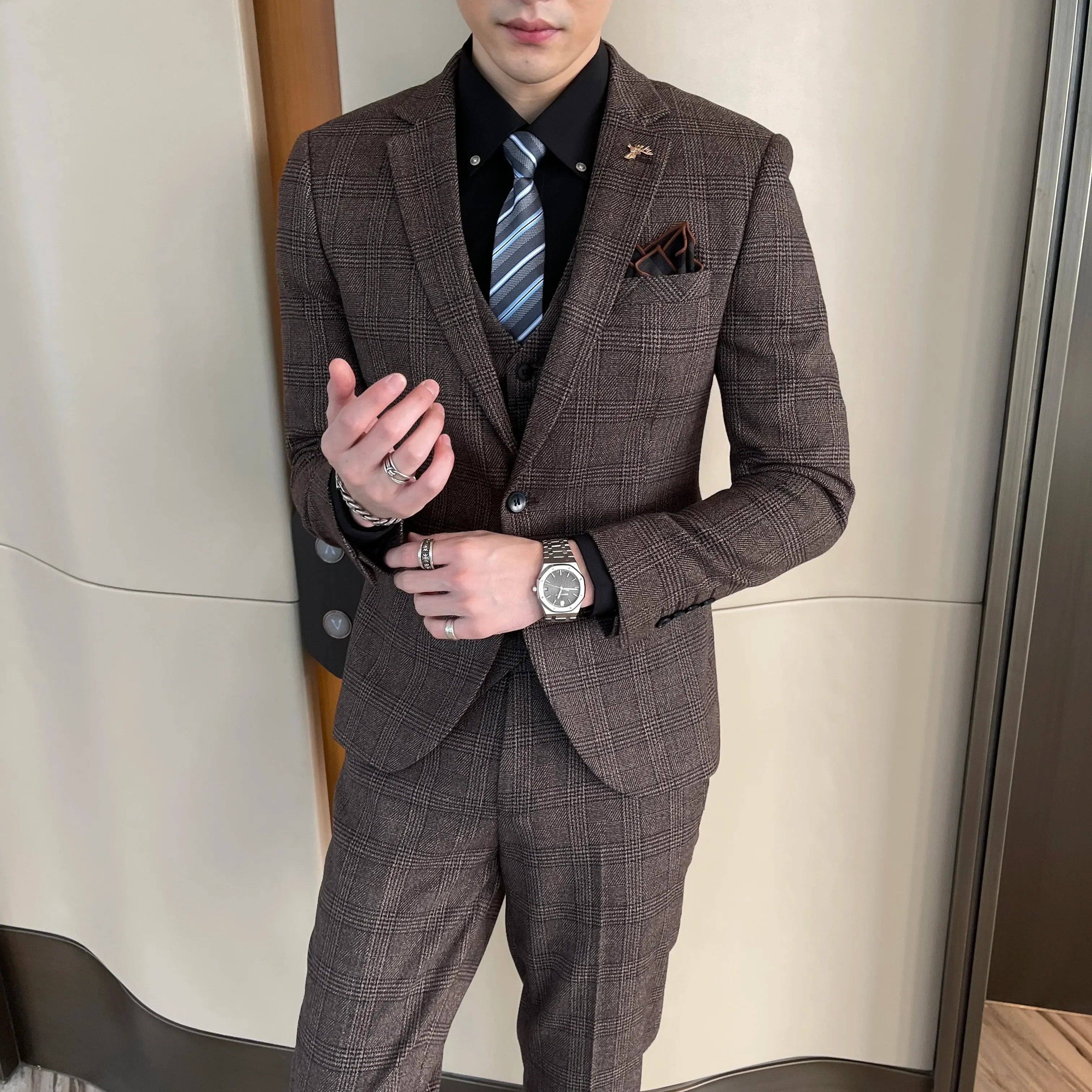 British Modified Plaid Three-Piece Suit for Men - Stylish Business Casual Suit Vest And Trousers Set