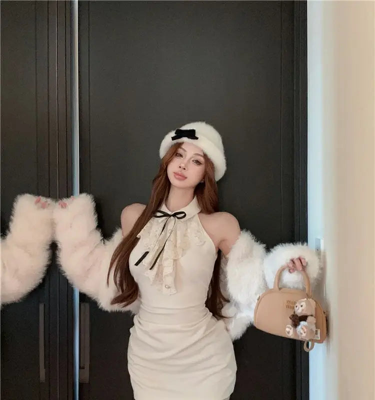 Kimotimo Hotsweet Y2k Dress Women Lace Splicing Bow Halter Waist Slim Fit Hip Mini Dresses Fashion Birthday Party Vestido Summer