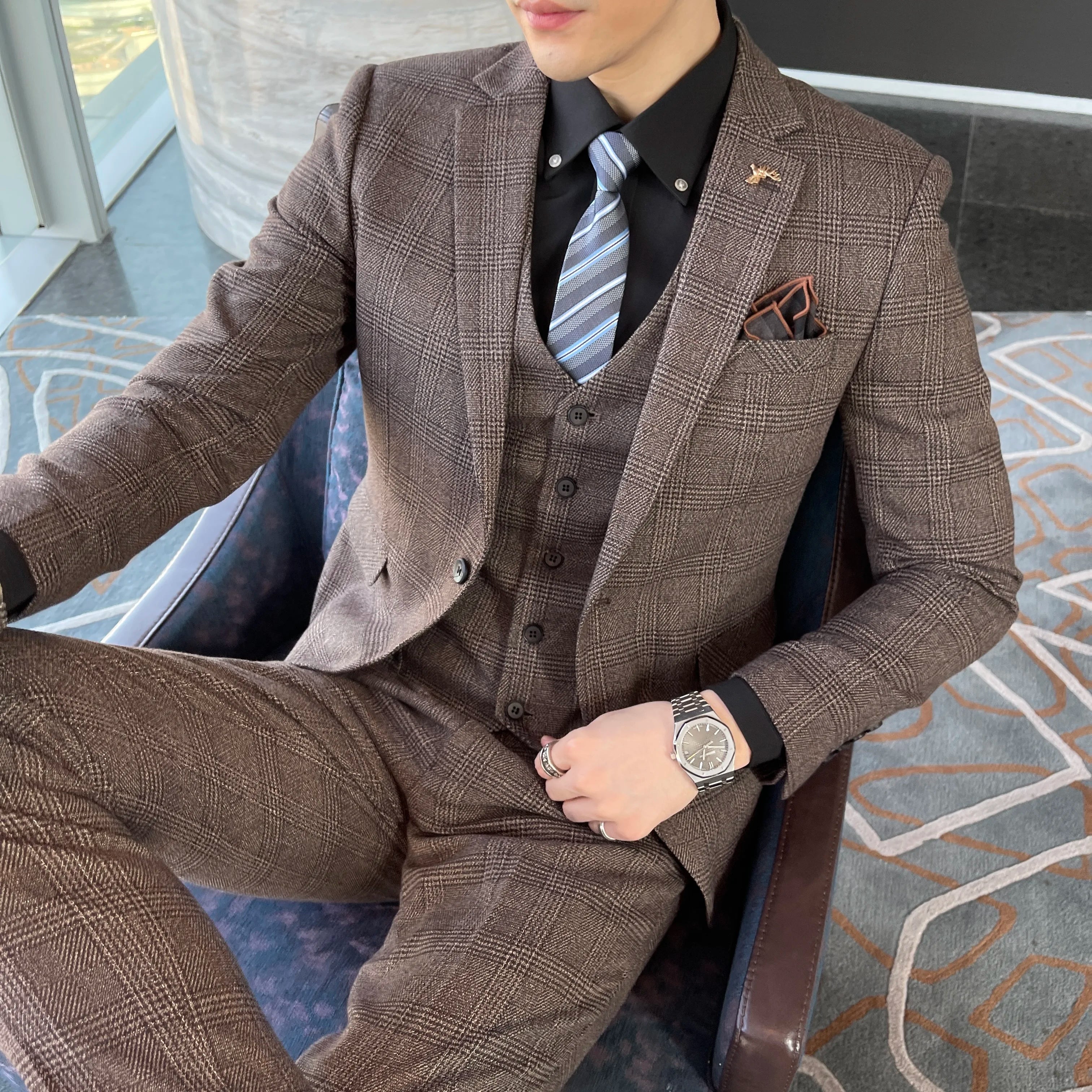 British Modified Plaid Three-Piece Suit for Men - Stylish Business Casual Suit Vest And Trousers Set