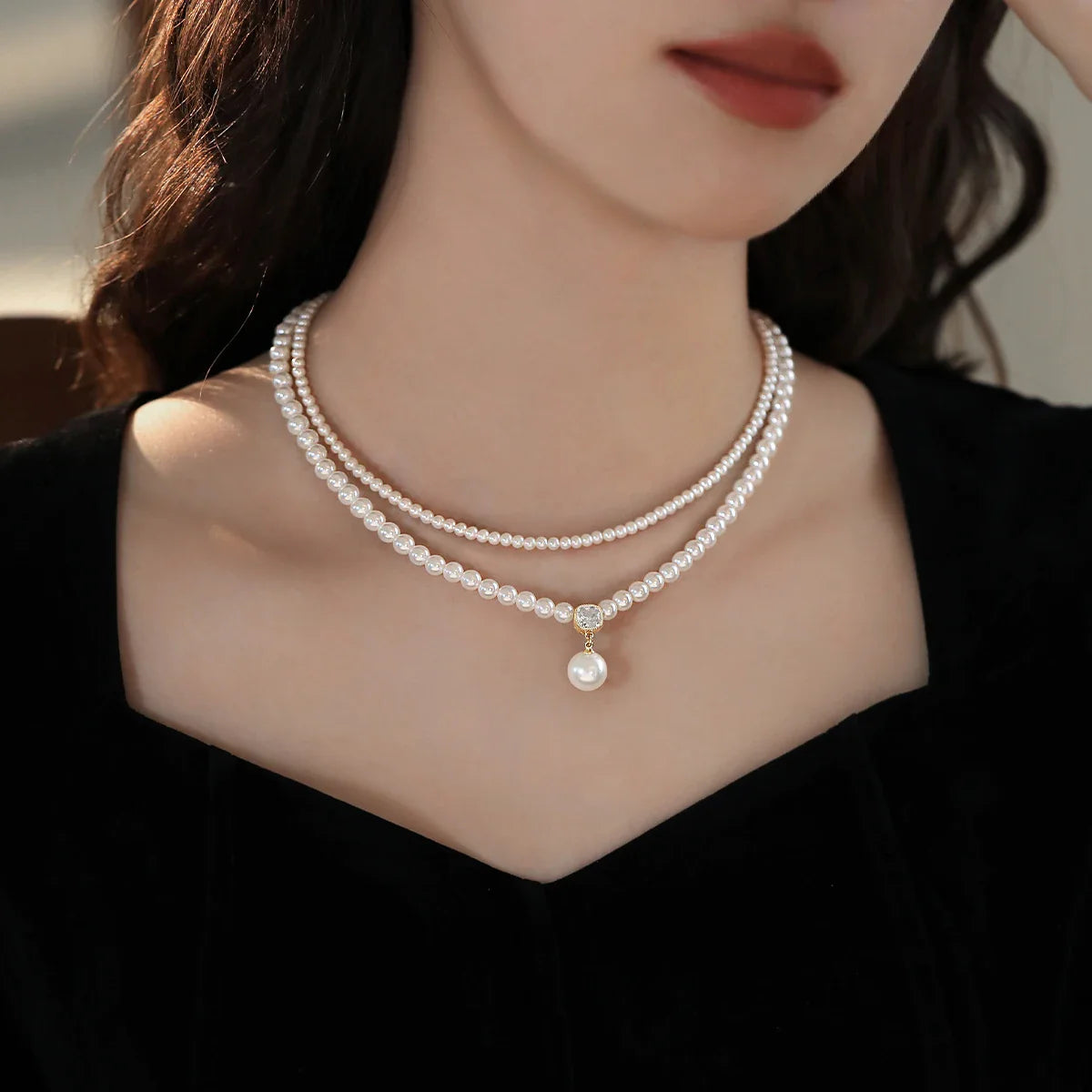 2025 Trendy Double-layer Imitation Pearl Bead Necklace Elegant Accessories For Womens Sexy Collarbone Chain Light Luxury Jewelry