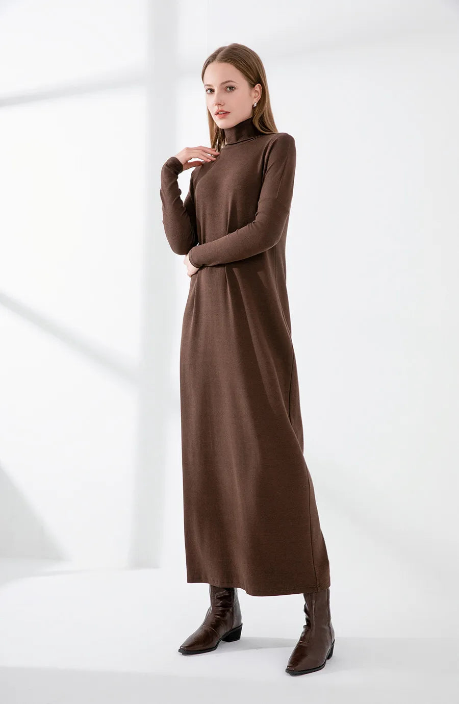 2024 winter turteneck thicken ribbing dress soft and comfortable basic turn-down collar maxi dress ( Ship out in 1 day)