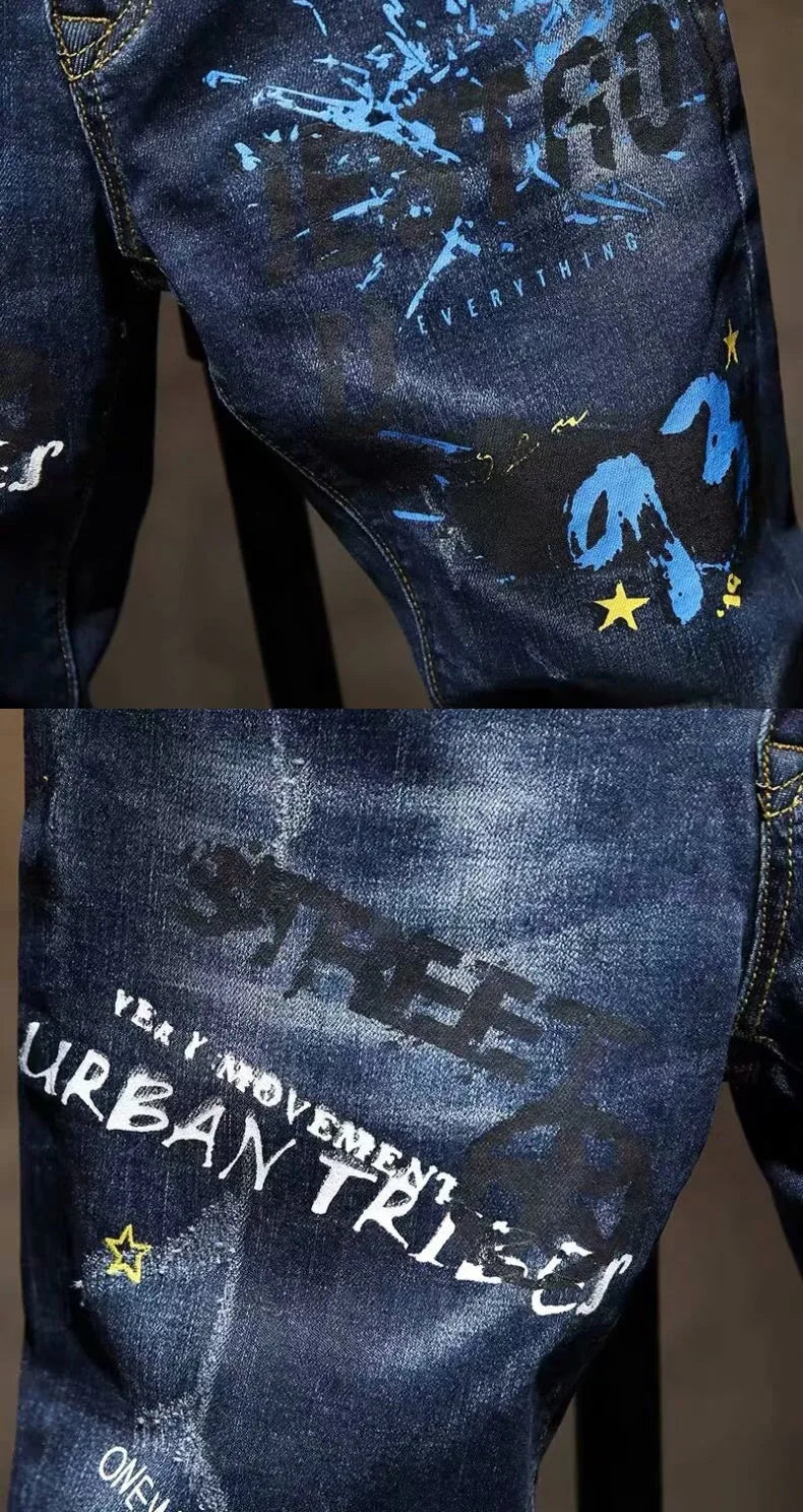 Spring and Autumn Fashion Trend Printed Straight-Leg Stretch Denim Jeans For Men Comfortable Casual Sports High-Quality Jeans