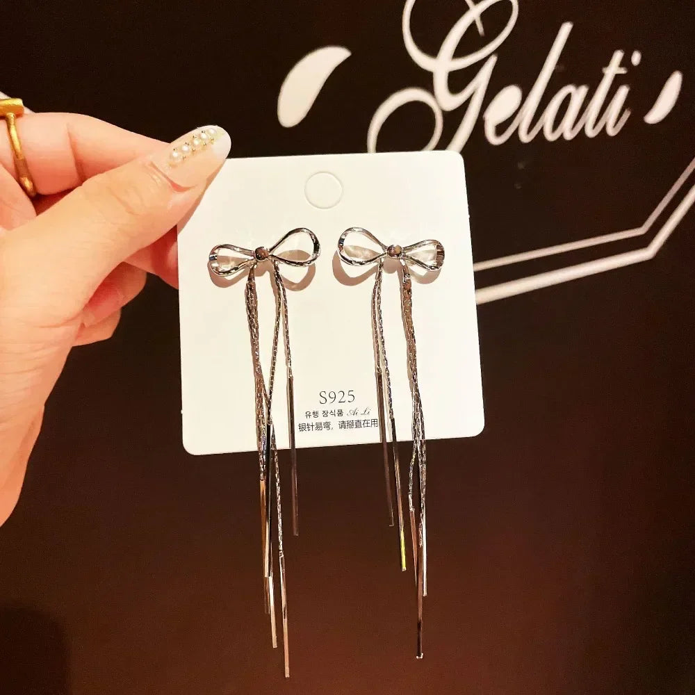 Exquisite Silver Color Ribbon Long Tassel Bowknot Drop Dangle Earrings for Women Charm Stainless Steel Party Jewelry Accessories
