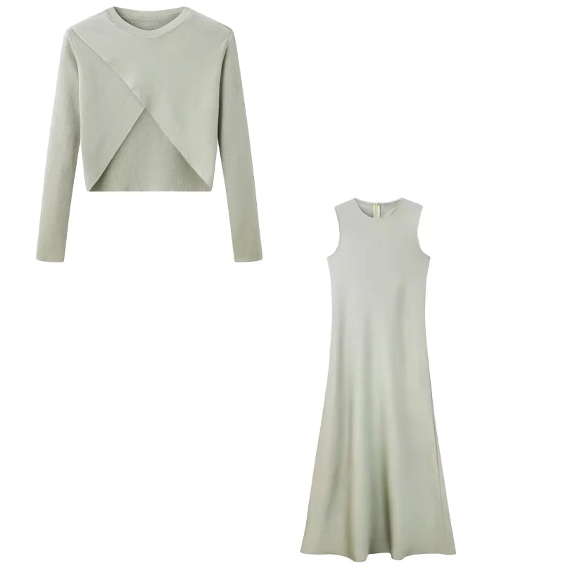 2025 Summer Women Fashion Long Dress Elegance Satin Dress Knitted Top Match Set Maxi Floor Length Woman Casual Chic Clothes