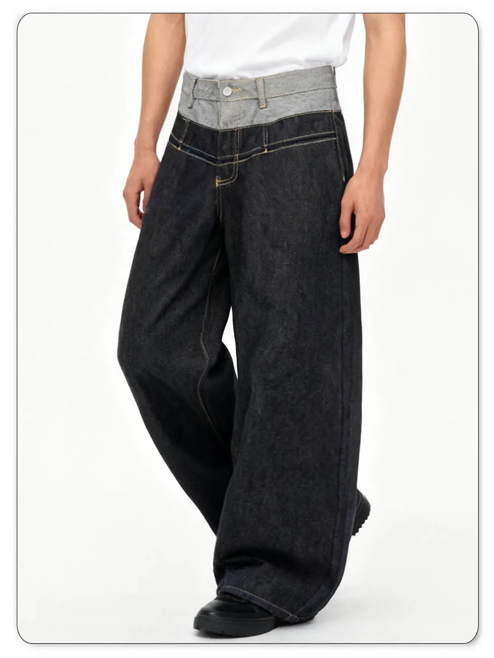 Men's Retro Personalized Double Waist Design Loose Wide Leg Jeans Street Design Denim Pants Gothic Baggy Machete Wide Leg Jeans