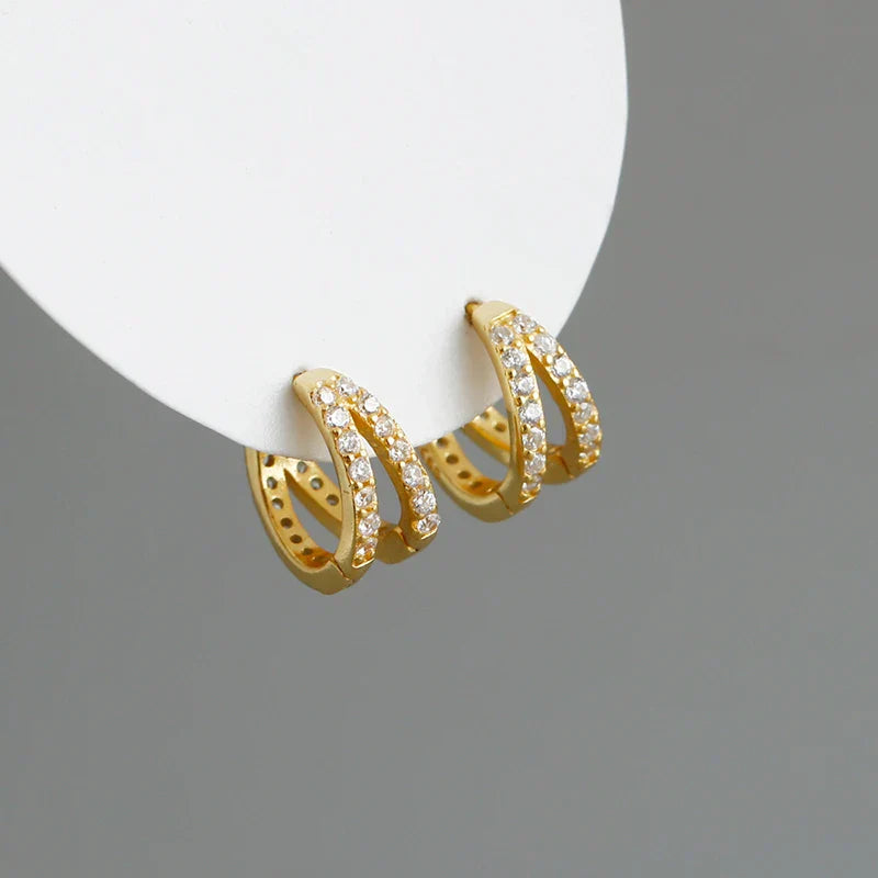 925 Sterling Silver Fashion Luxury Shiny Double Layer Zircon Huggies Hoop Earrings for Women Plated 18k Gold Fine Jewelry