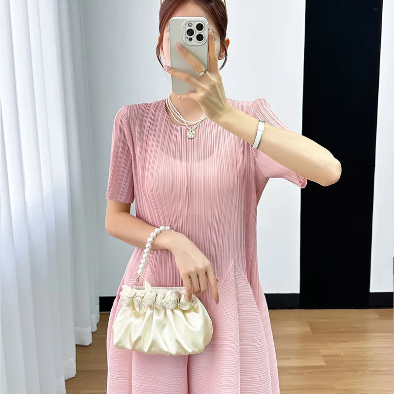 Y2k Pleated Women's Dress Bubble Short-sleeved Loose Slim Thin Medium-length Dresses for Women 2024 Summer New