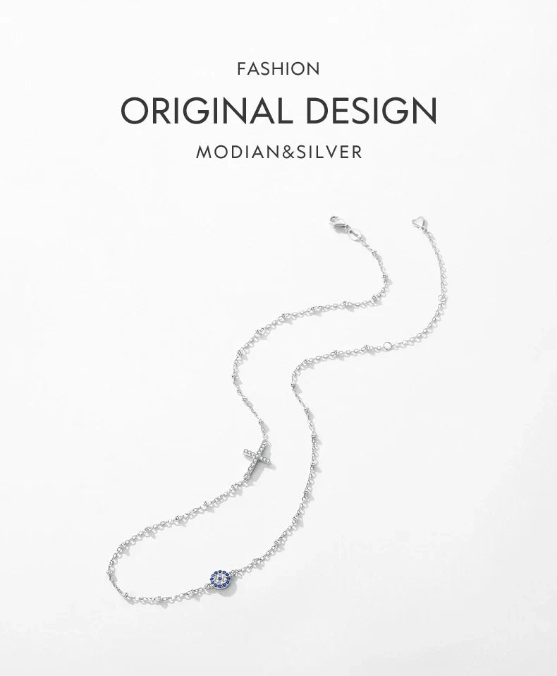 Simple Cross Beads Necklace Real 925 Sterling Silver Blue Zirconia Eye Link Chain Necklaces For Women Party Fine Jewelry