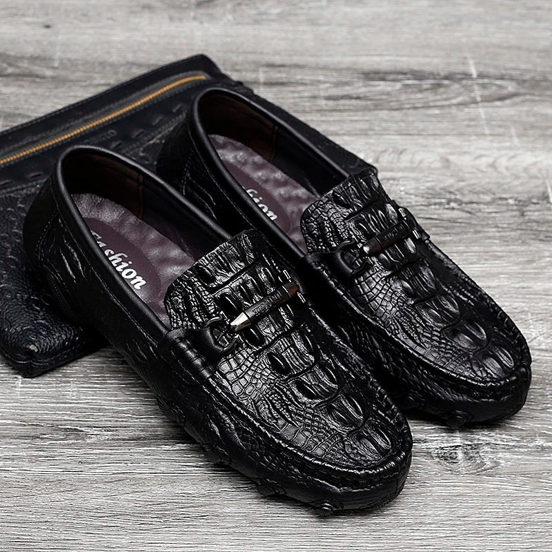 Luxury New Genuine Leather Men Shoes Thick Bottom Crocodile Style Moccasins Mens Loafers Fashion Male Flat Classic Driving Shoes