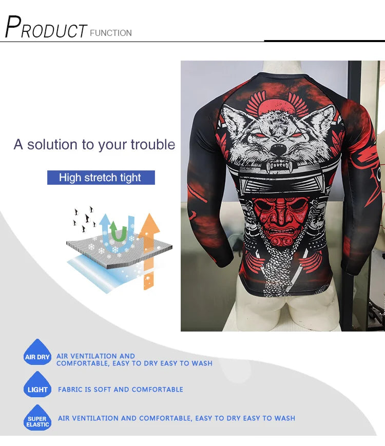 Men's MMA BJJ Rashguard Brazilian Jiu-Jitsu No Gi Grey Compression Gym Shirts Westling Martial Art Training T Shirt