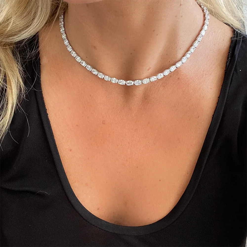 East West Set Oval Cut Moissanite  Tennis Necklace with Certificate S925 Silver 0.3/0.5carat Diamond Riviera Choker for Women
