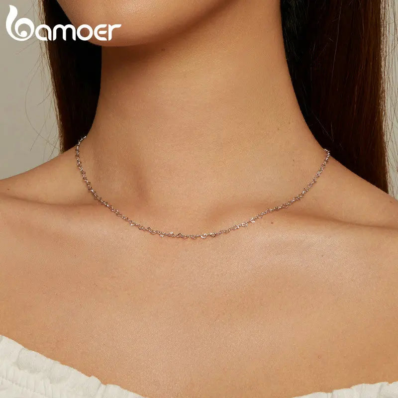 Real 925 Sterling Silver Trendy Heart-Shaped Basic Chain Link Lobster Clasp Adjustable Necklace for Women