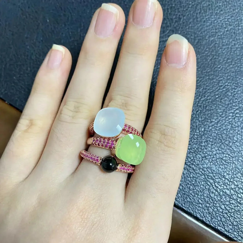 3Pcs/Set Nudo Ring Stacking Set for Women Mix Color Candy Crystal Inlay Zircon Amethyst Blue Topaz Round Jewelry Gift