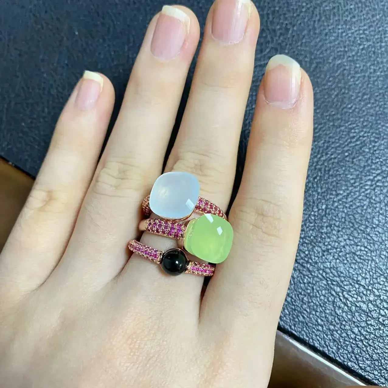 3Pcs/Set Nudo Ring Stacking Set for Women Mix Color Candy Crystal Inlay Zircon Amethyst Blue Topaz Round Jewelry Gift