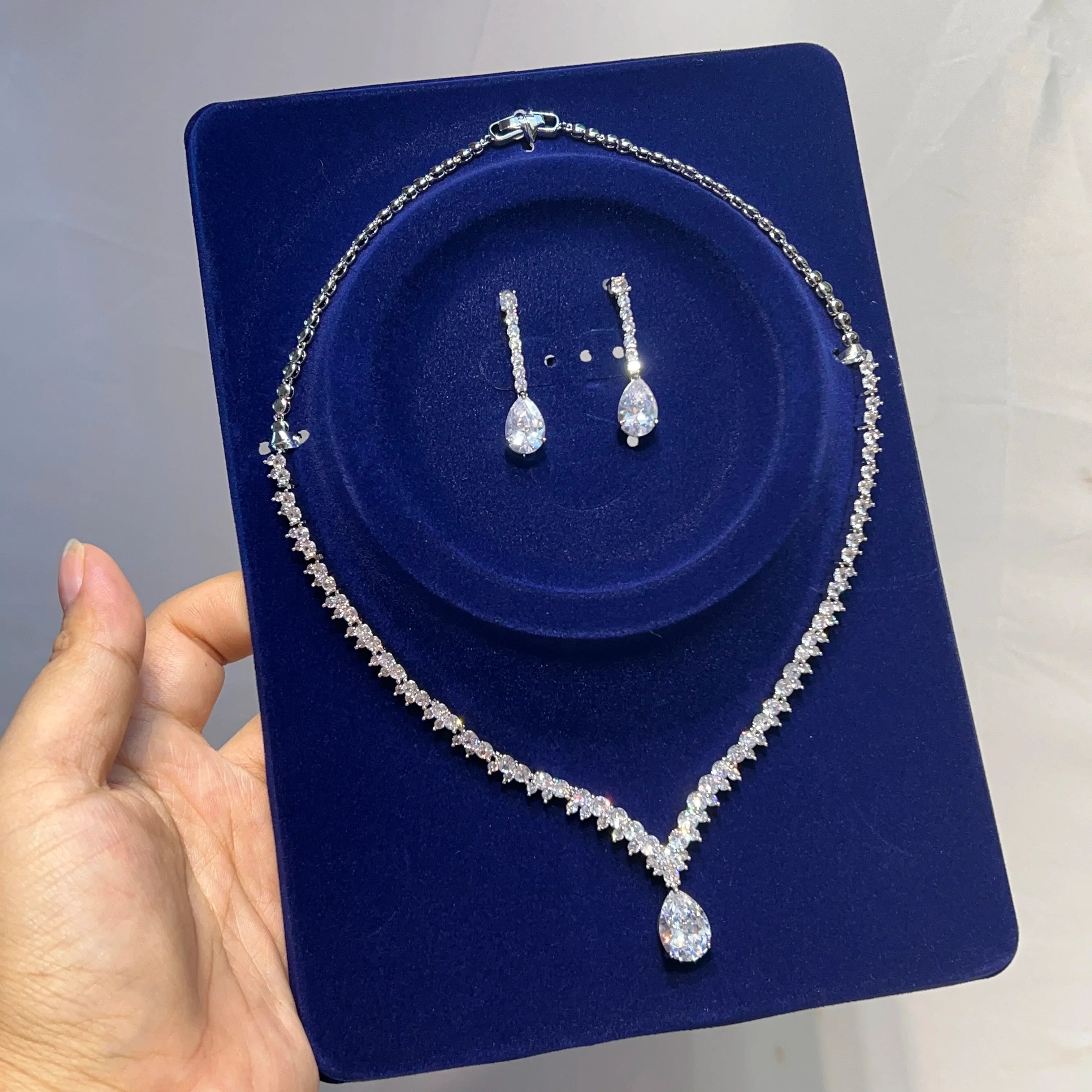 Classic Water Drop Pendant Crystal Necklace For Women, Cubic Zirconia Bridal Wedding 2 Piece Jewelry Set X0178