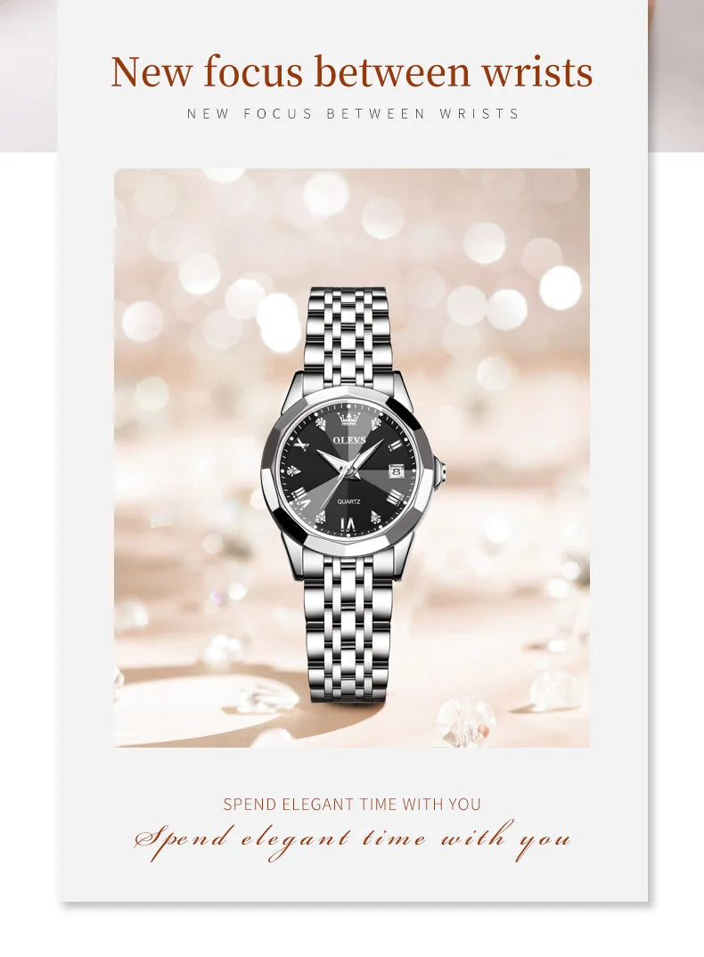 Elegant Fashion Women's Watches Luxury Brand Original Quartz Watch for Ladies Waterproof Stainless Steel Luminous Date